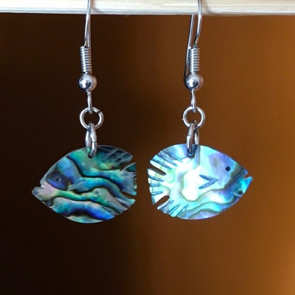 Carved abalone fish earrings - beautiful iridescent abalone shell